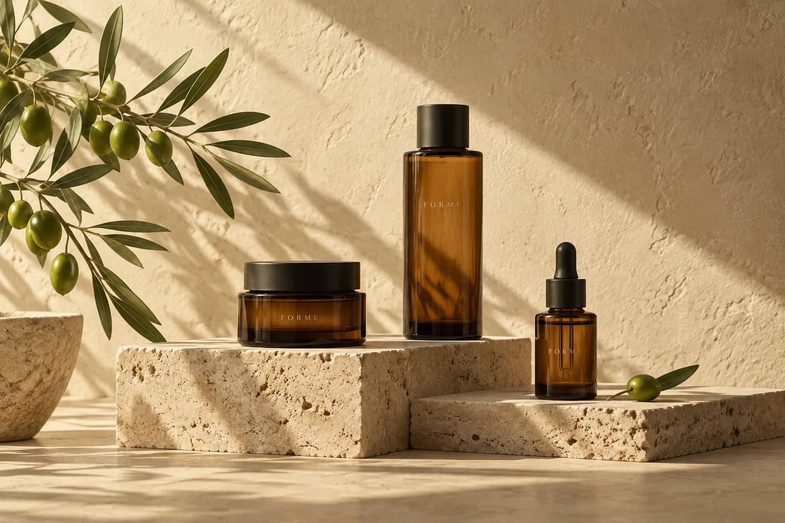 Amber skincare bottles in warm sunlight on travertine